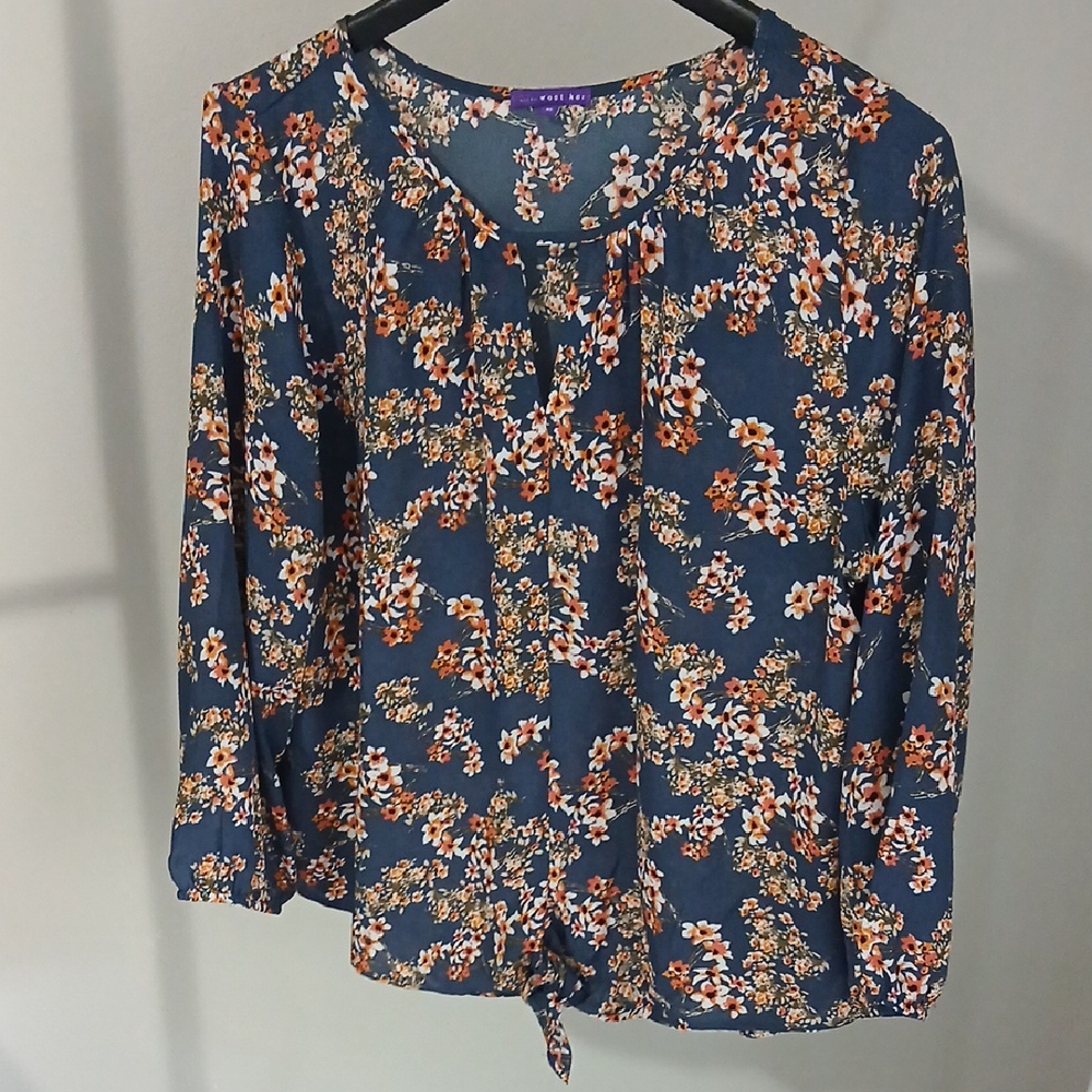 West Kei Blue And Orange Blouse with Mandarin Collar and Tie Front